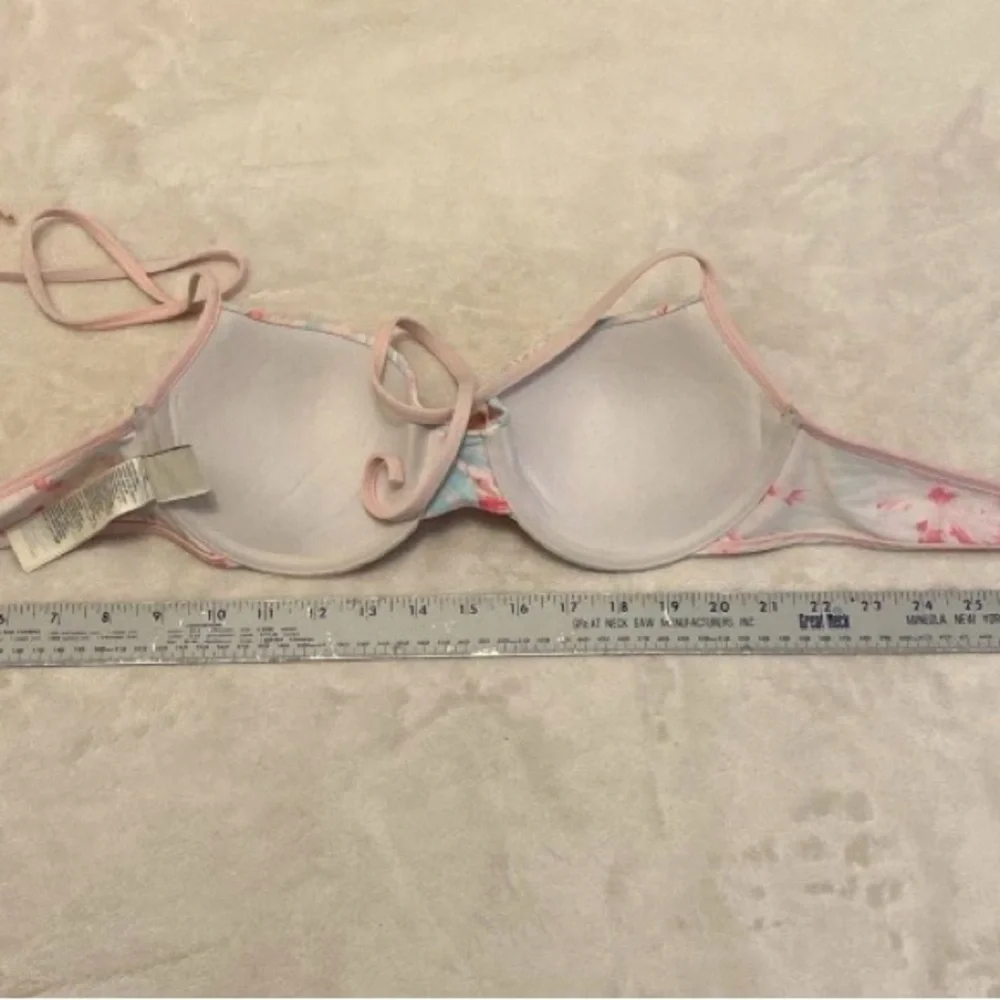 Hollister Light Blue & Pink Floral Halter Bikini Top with Center Bow
